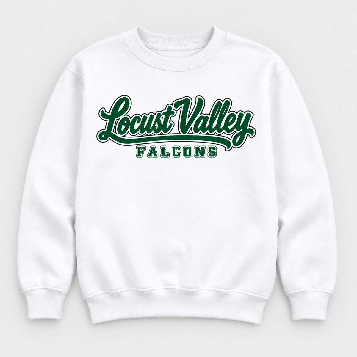 Digital mockup: White Locust Valley Youth Sideline Script Crewneck, front view