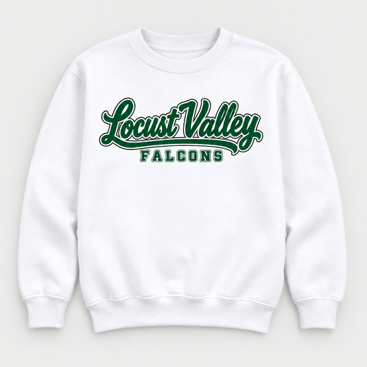 Digital mockup: White Locust Valley Youth Sideline Script Crewneck, front view