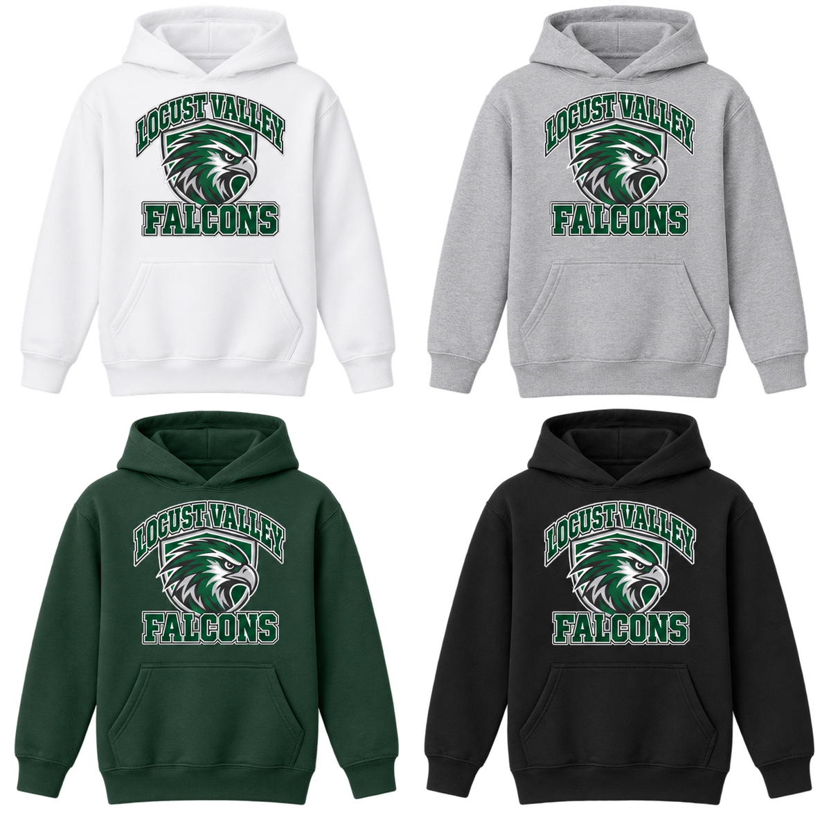 Locust Valley Youth Falcon Shield Hoodie: White, Sport Grey, Forest, Black; front DTF print