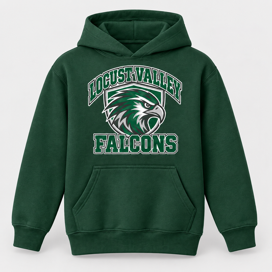 Digital mockup: Forest Locust Valley Youth Falcon Shield Hoodie, front view