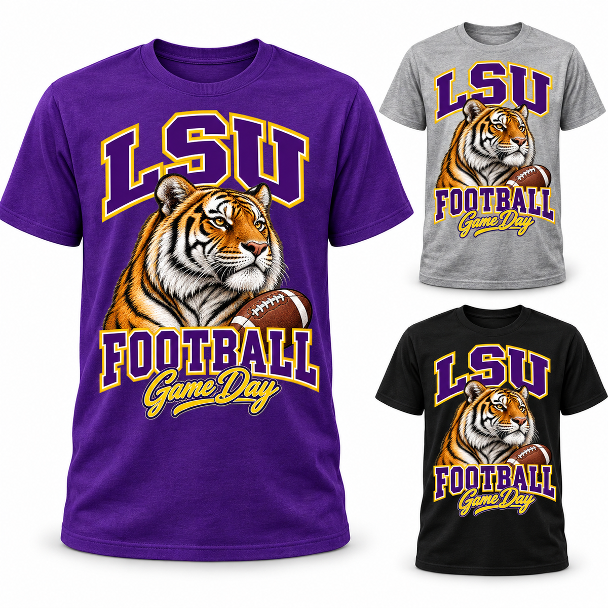 LSU football tee: purple large left, heather gray upper right, black lower right