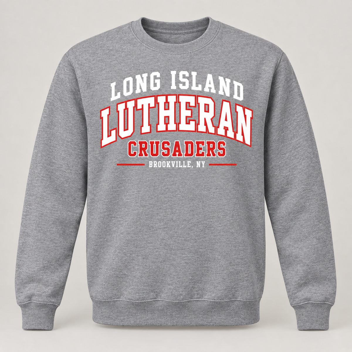 Long Island Lutheran Crusaders Collegiate Crewneck Sweatshirt, Heather Gray, collegiate front print