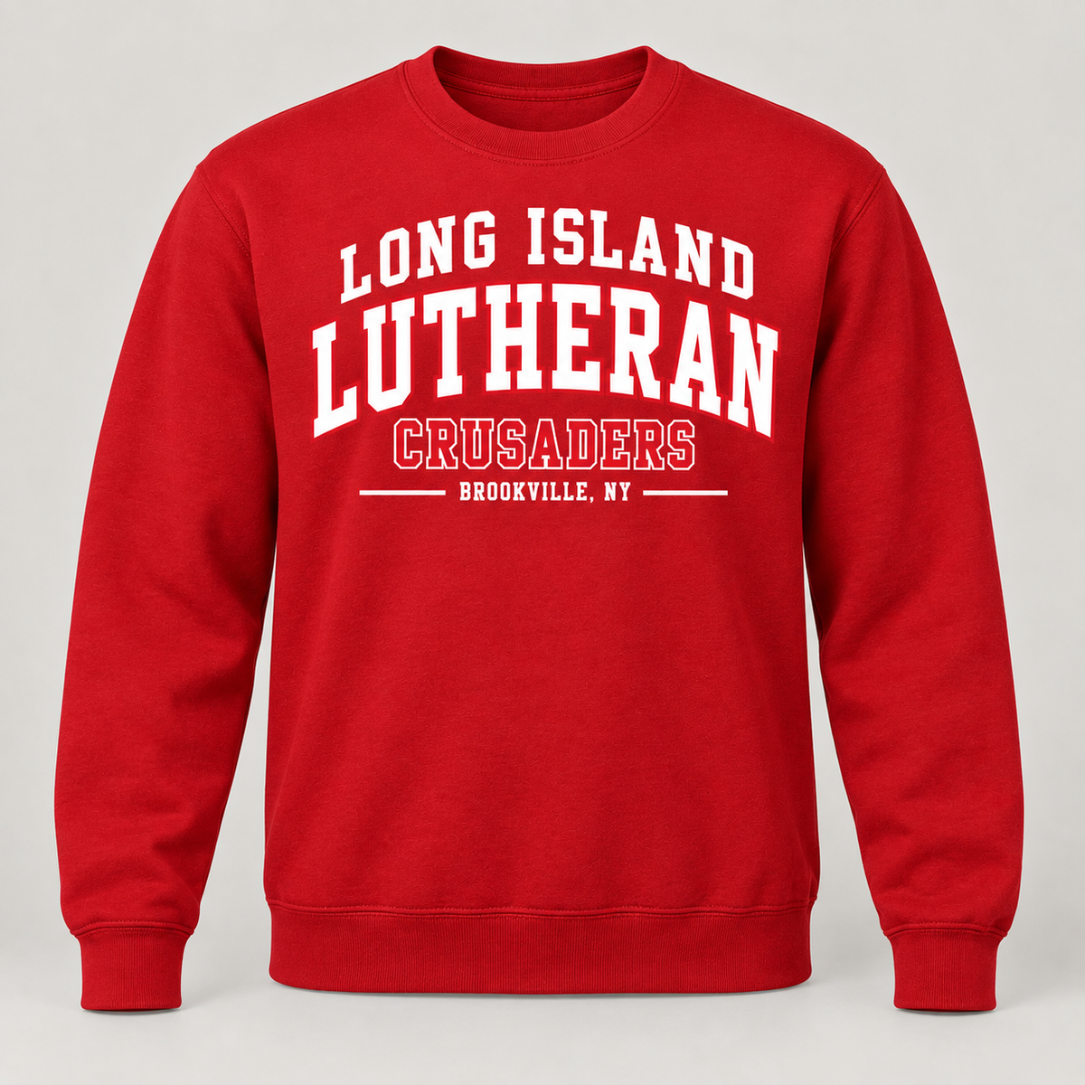 Long Island Lutheran Crusaders Collegiate Crewneck Sweatshirt, Red, collegiate front print