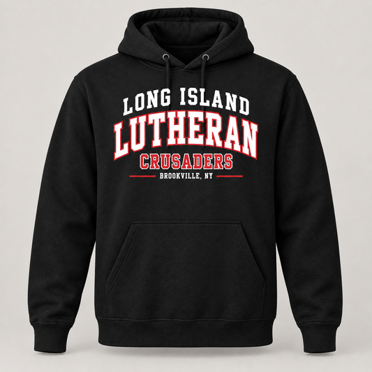 Long Island Lutheran Crusaders Collegiate Pullover Hoodie, Black, collegiate front print