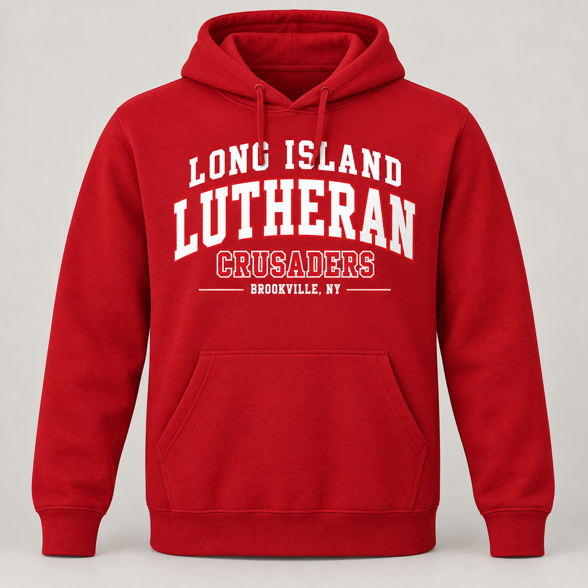 Long Island Lutheran Crusaders Collegiate Pullover Hoodie, Red, collegiate front print