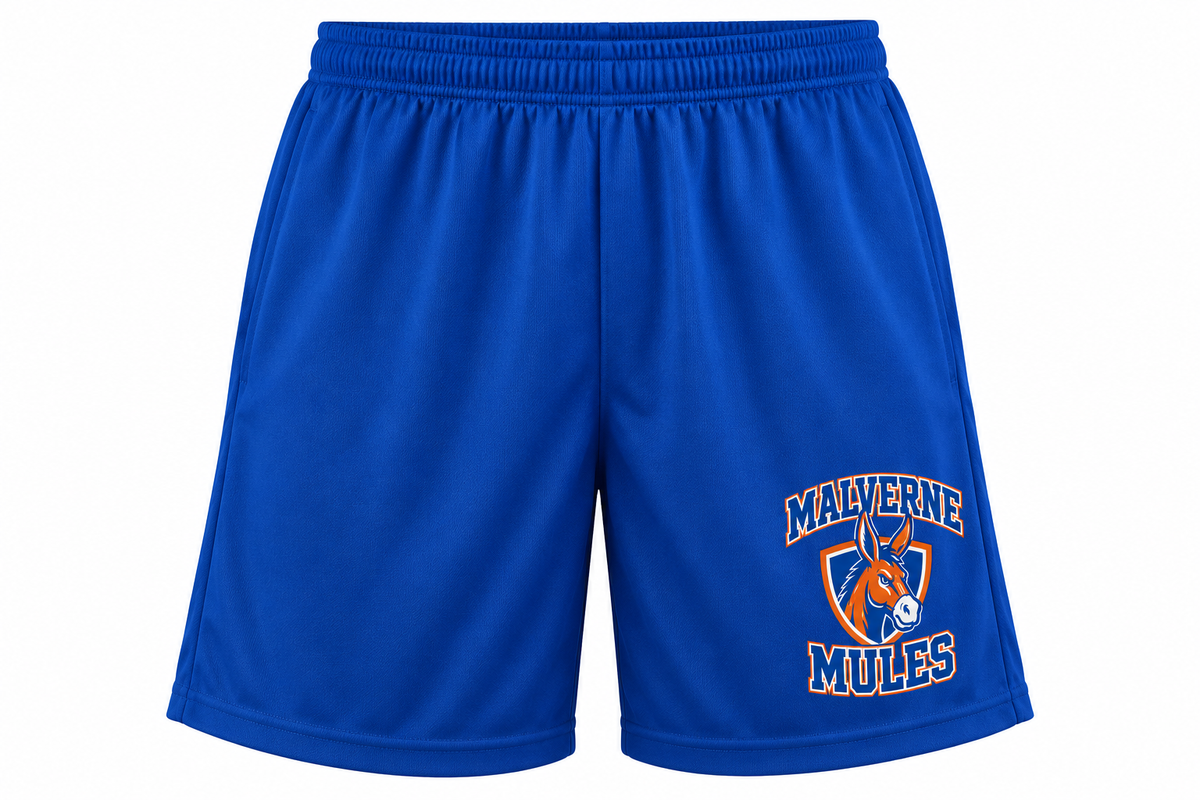 Malverne Mules Adult Athletic Shorts in Royal Blue with collegiate mule crest