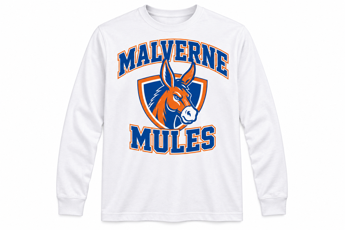 Malverne Mules Adult Crest Long Sleeve Tee in White with collegiate mule crest