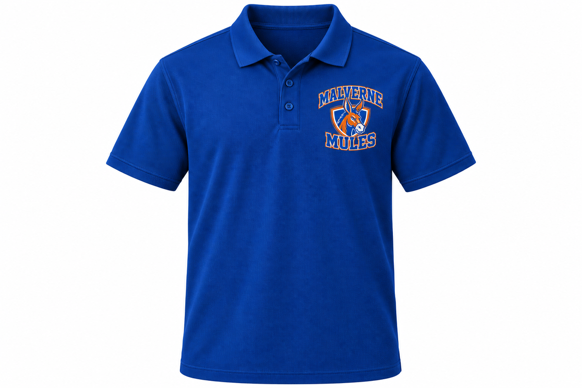 Malverne Mules Adult Crest Polo in Royal Blue with collegiate mule crest
