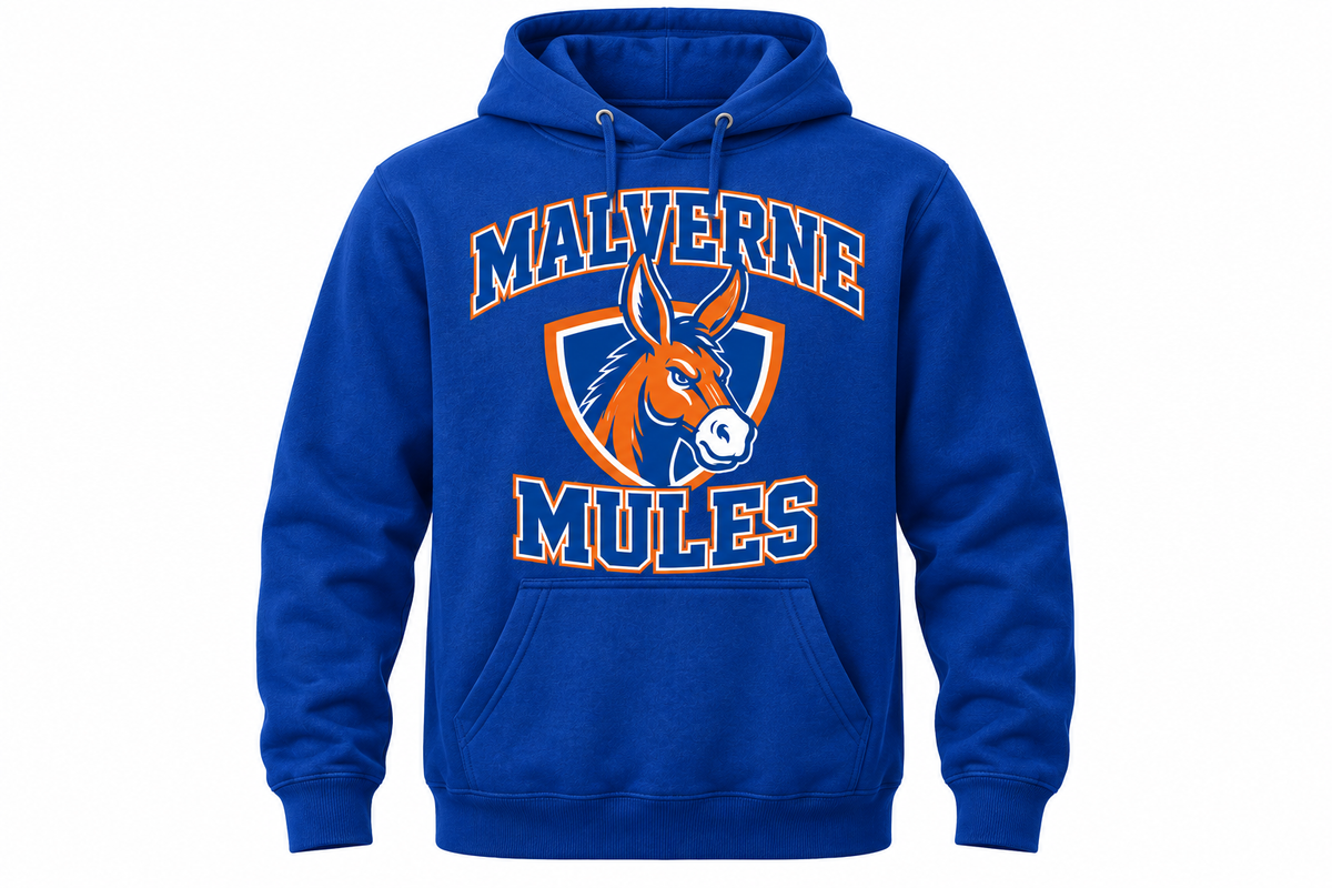 Malverne Mules Adult Crest Pullover Hoodie in Royal Blue with collegiate mule crest
