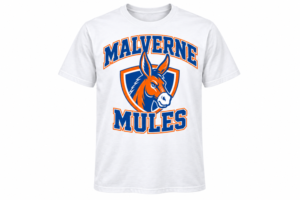 Malverne Mules Adult Crest Tee in White with collegiate mule crest