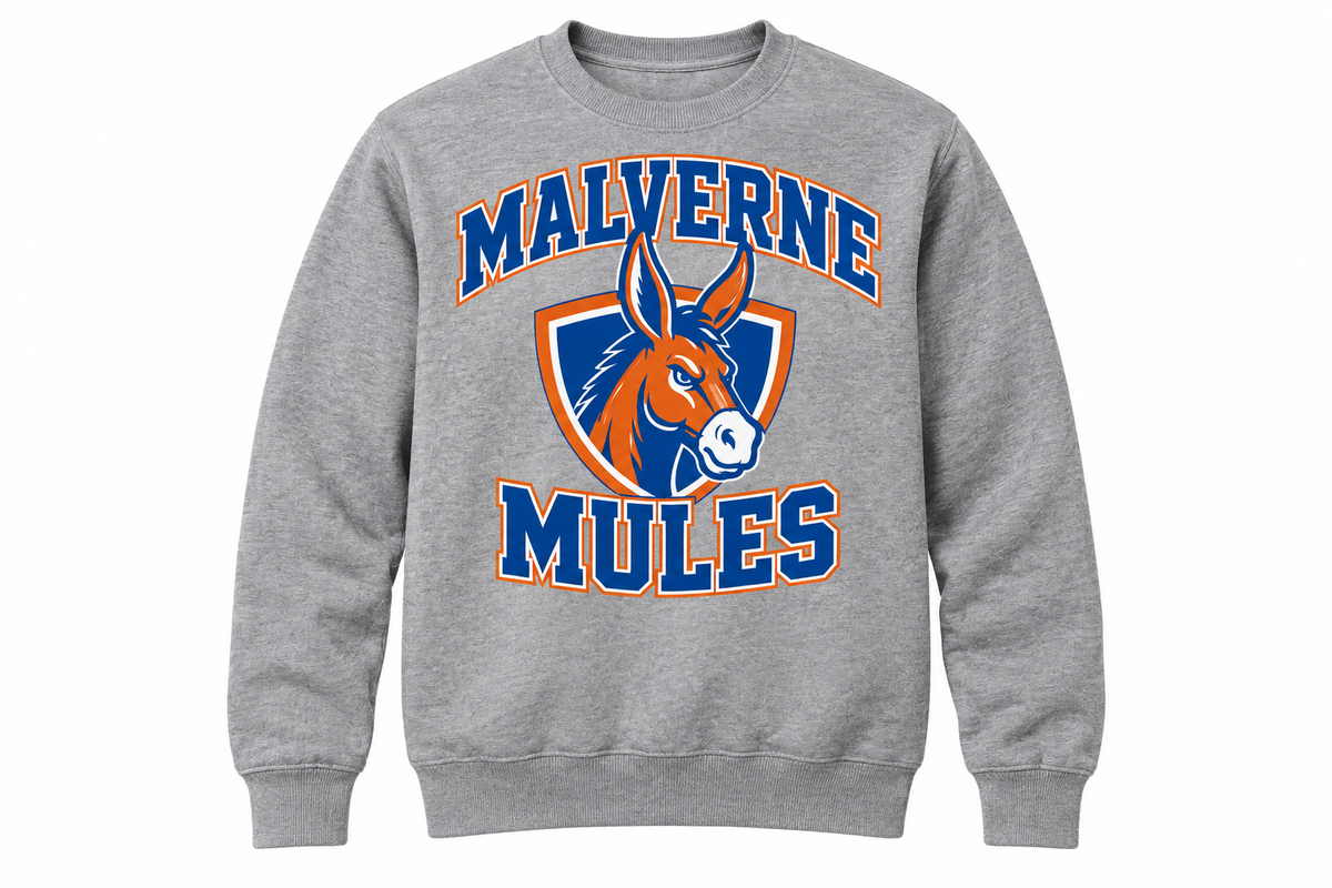 Malverne Mules adult crewneck sweatshirt in heather gray with collegiate mule crest