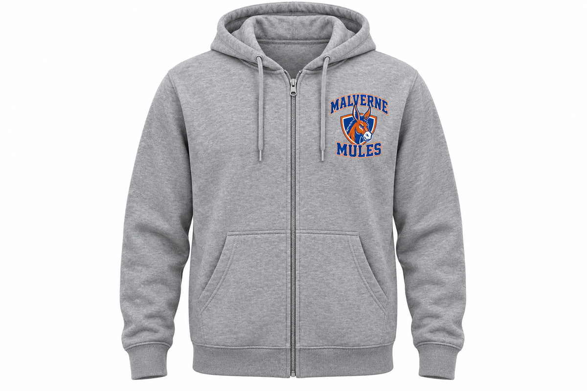 Malverne Mules Adult Full Zip Hoodie in Heather Gray with collegiate mule crest