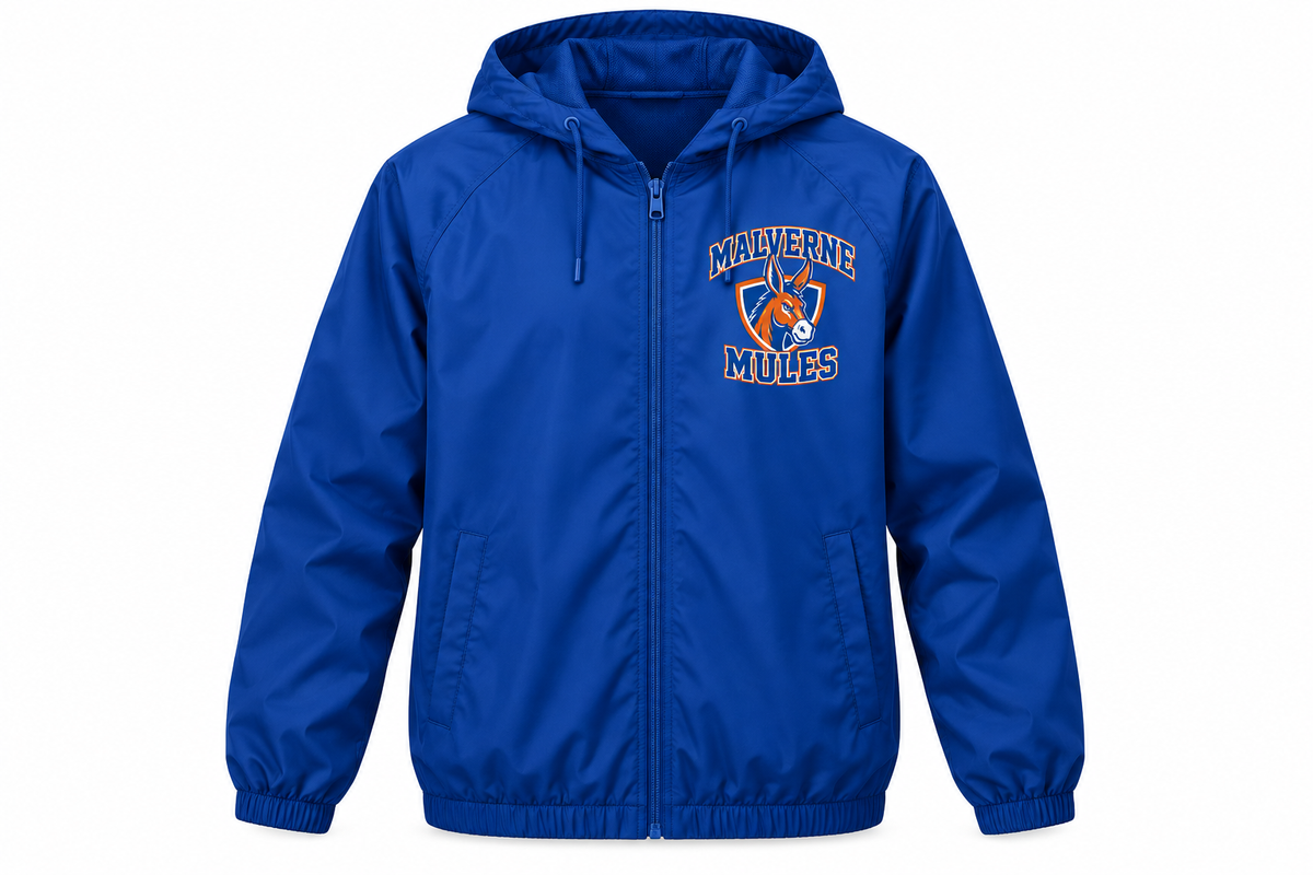 Malverne Mules Adult Full Zip Windbreaker in Royal Blue with collegiate mule crest
