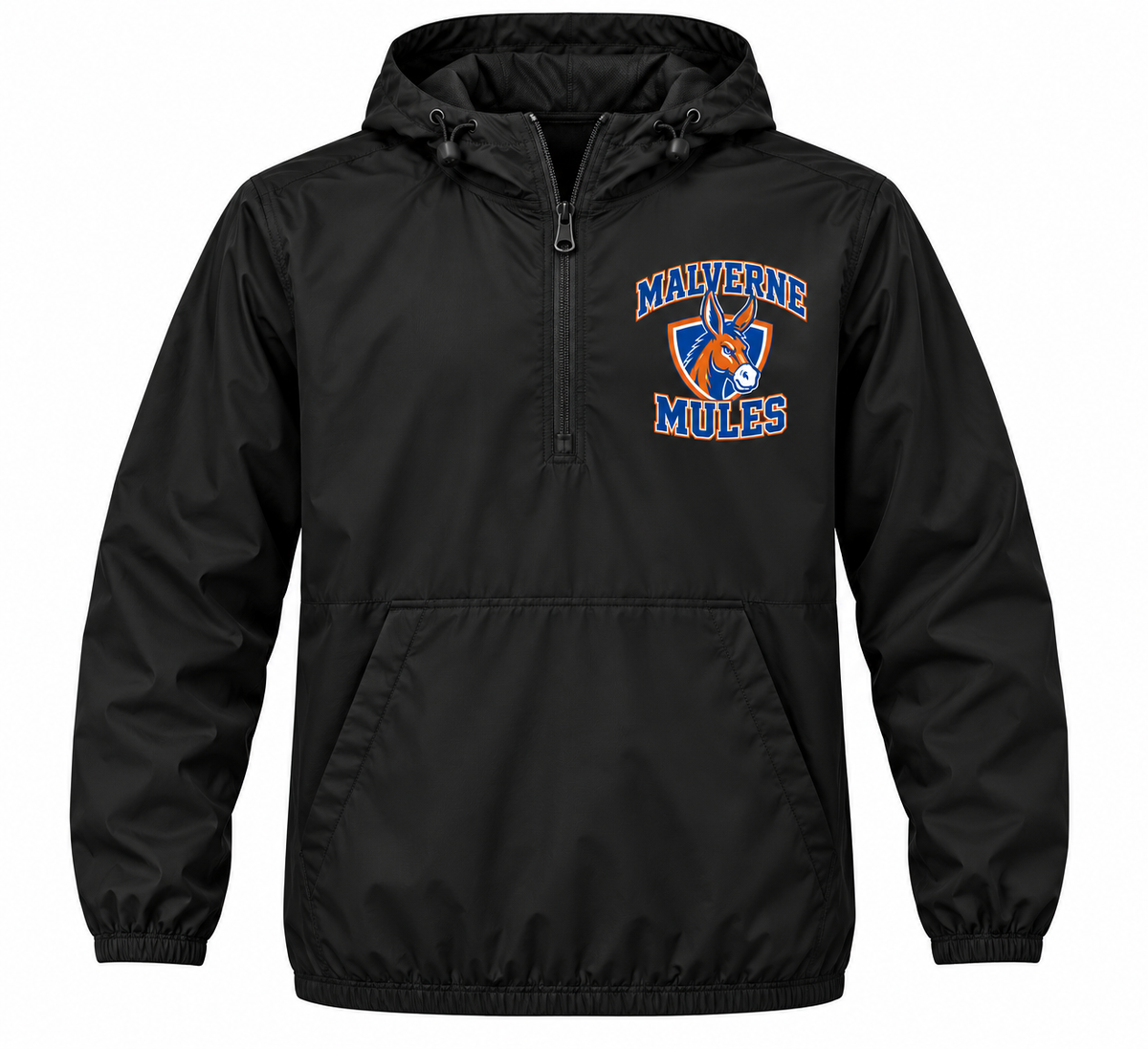 Malverne Mules Adult Pullover Windbreaker in Black with collegiate mule crest