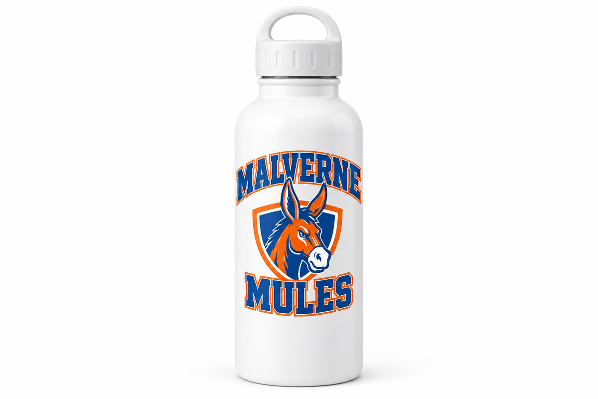 Malverne Mules Crest Water Bottle in White with collegiate mule crest