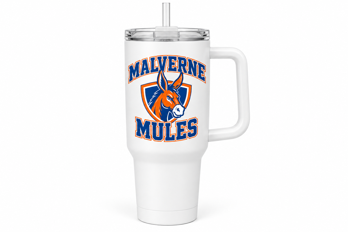 Malverne Mules Handled Tumbler in White with collegiate mule crest