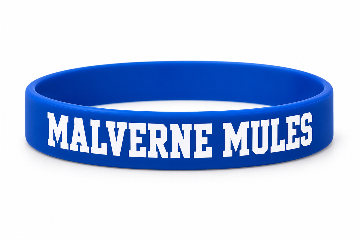 Malverne Mules Silicone Wristband in Royal Blue with collegiate lettering