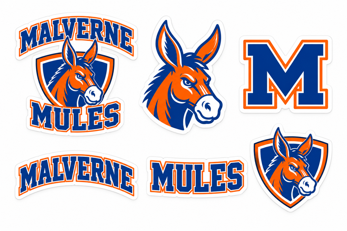 Malverne Mules Six Piece Spirit Sticker Pack in Full Color with collegiate mule crest