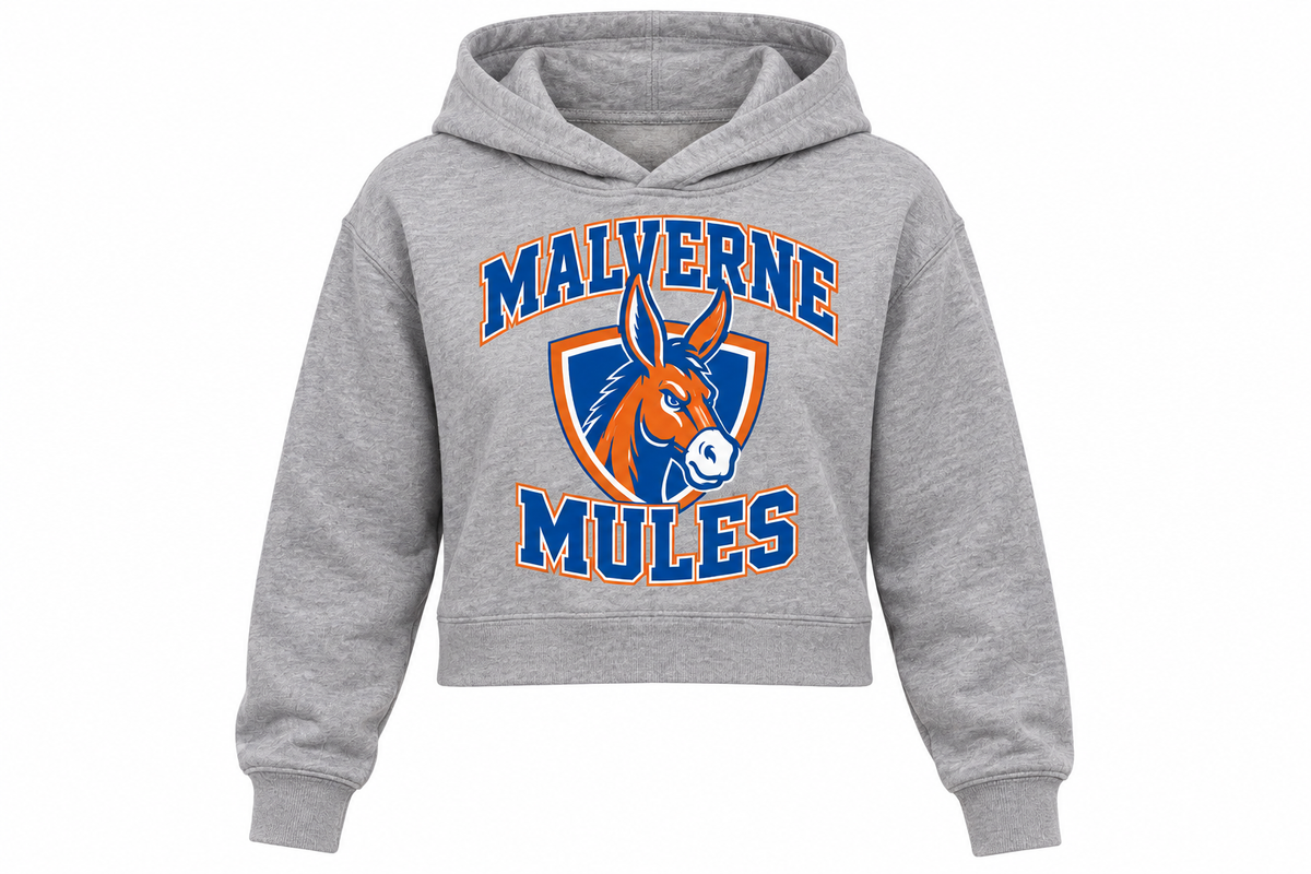 Malverne Mules Women's Crop Hoodie in Heather Gray with collegiate mule crest