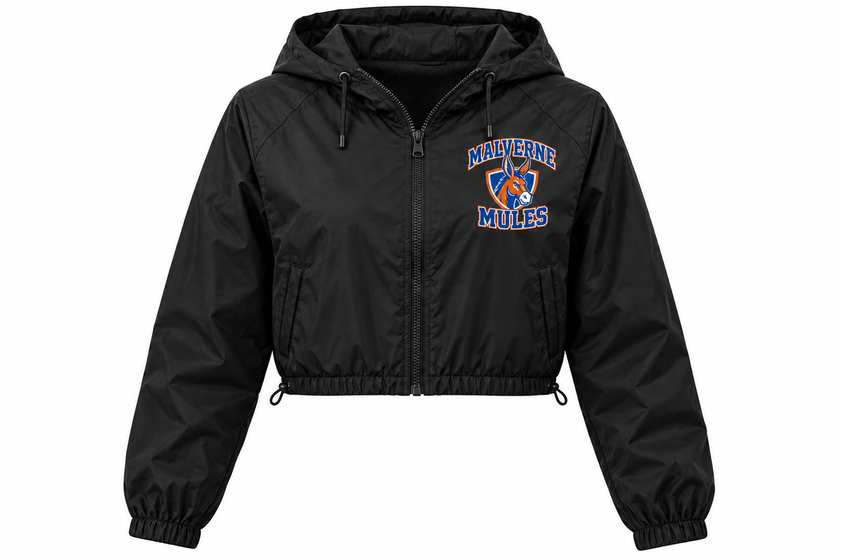 Malverne Mules Women's Crop Windbreaker in Black with collegiate mule crest