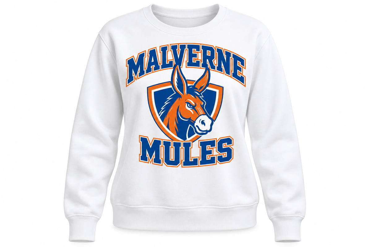 Malverne Mules Women's Relaxed Crewneck in White with collegiate mule crest