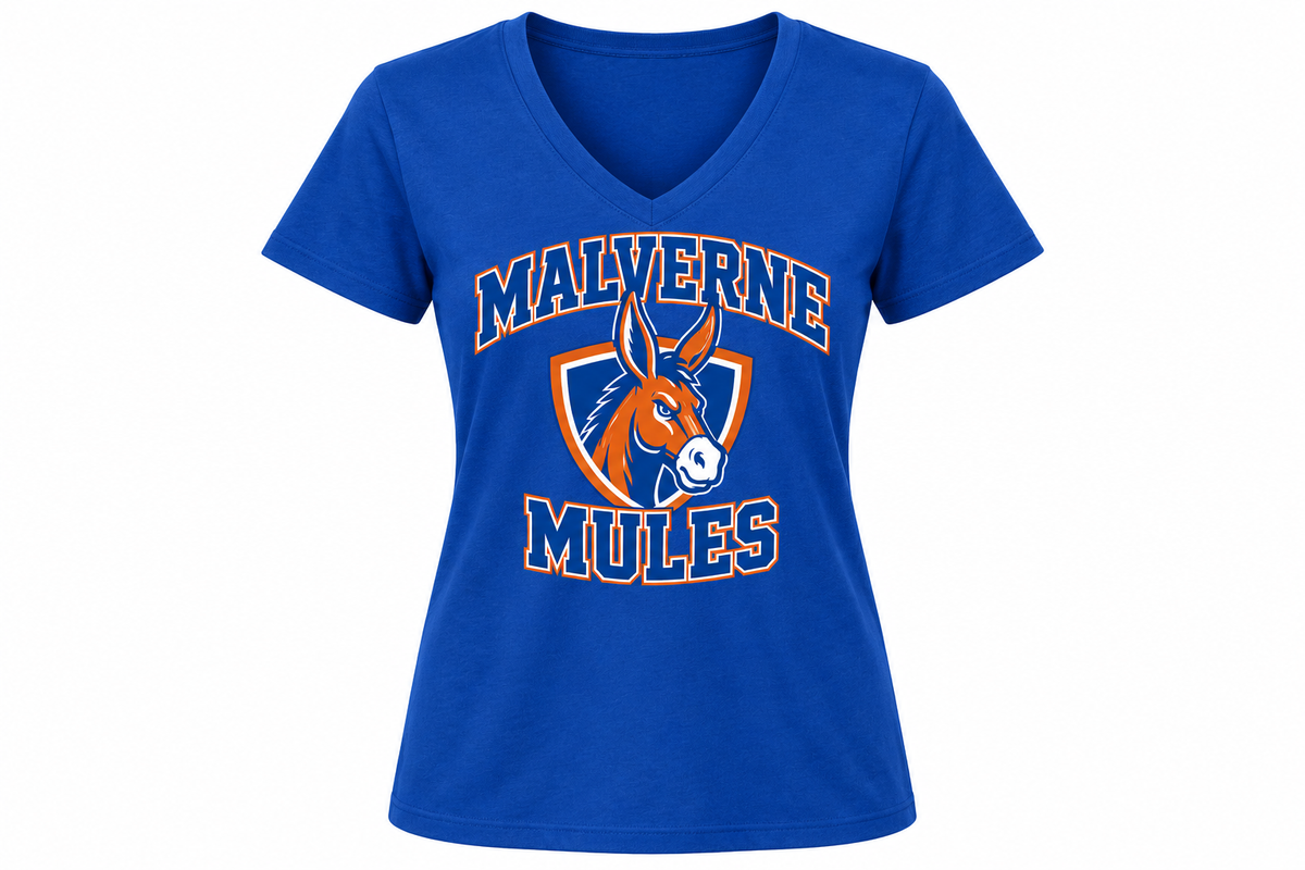 Malverne Mules Women's V Neck Tee in Royal Blue with collegiate mule crest
