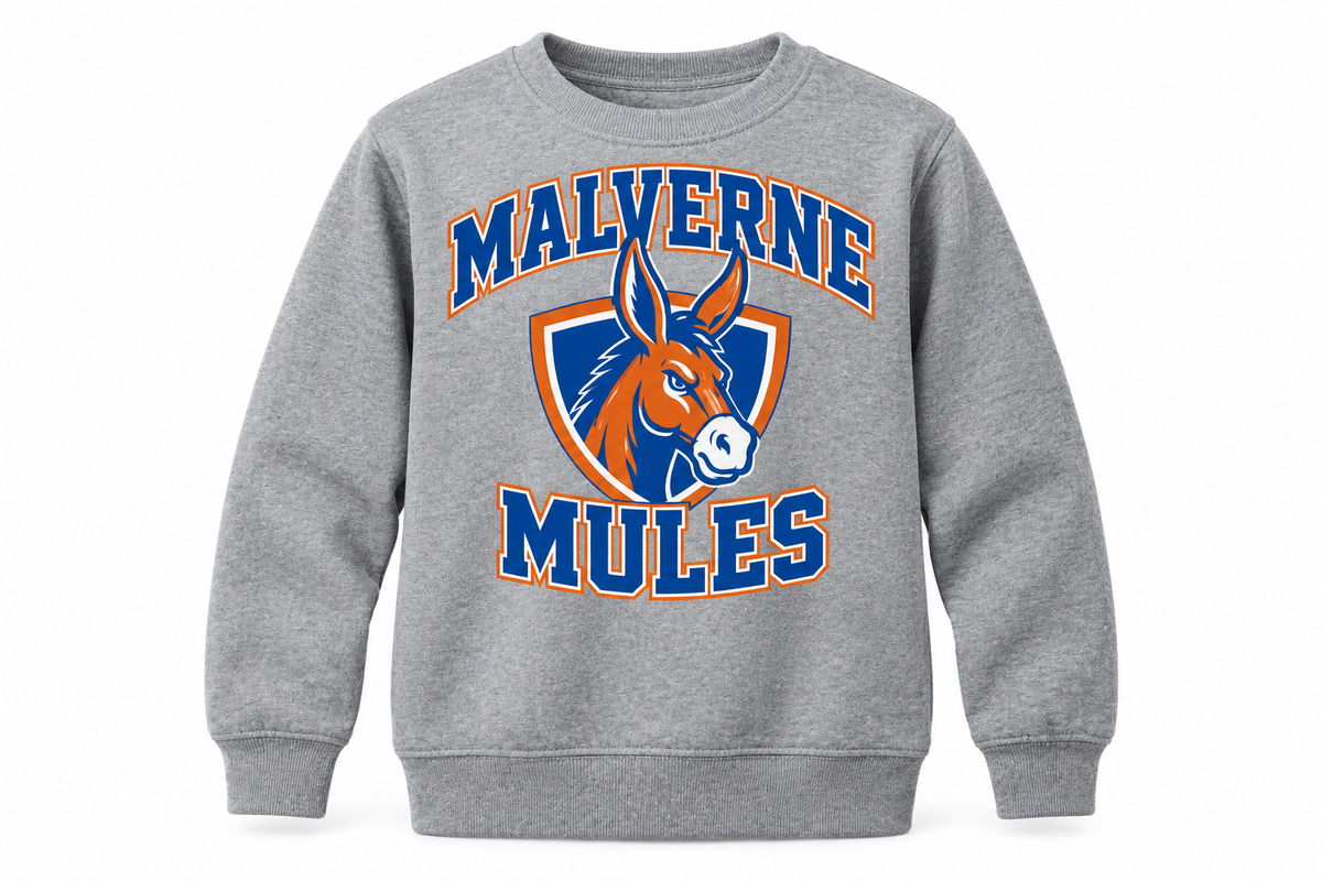 Malverne Mules Youth Crest Crewneck in Heather Gray with collegiate mule crest