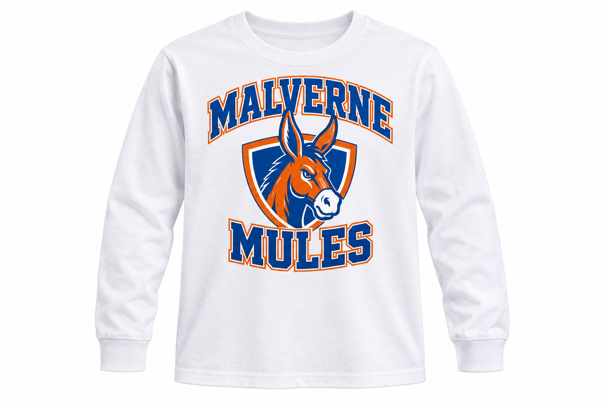Malverne Mules Youth Crest Long Sleeve Tee in White with collegiate mule crest