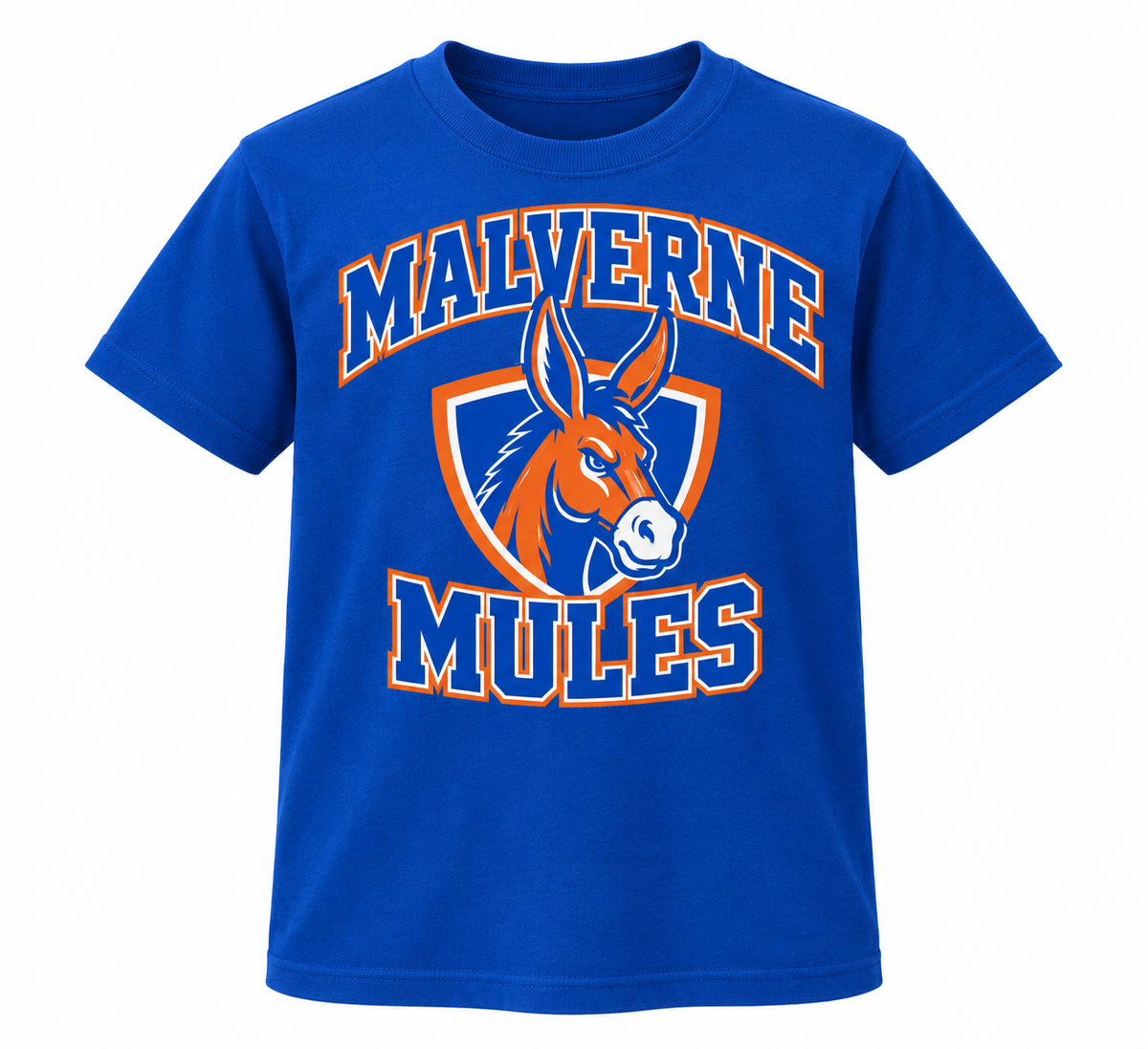 Malverne Mules Youth Crest Tee in Royal Blue with collegiate mule crest