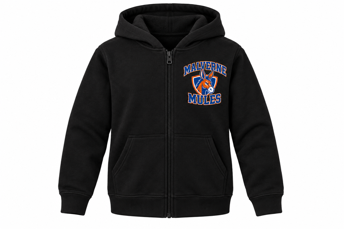 Malverne Mules Youth Full Zip Hoodie in Black with collegiate mule crest