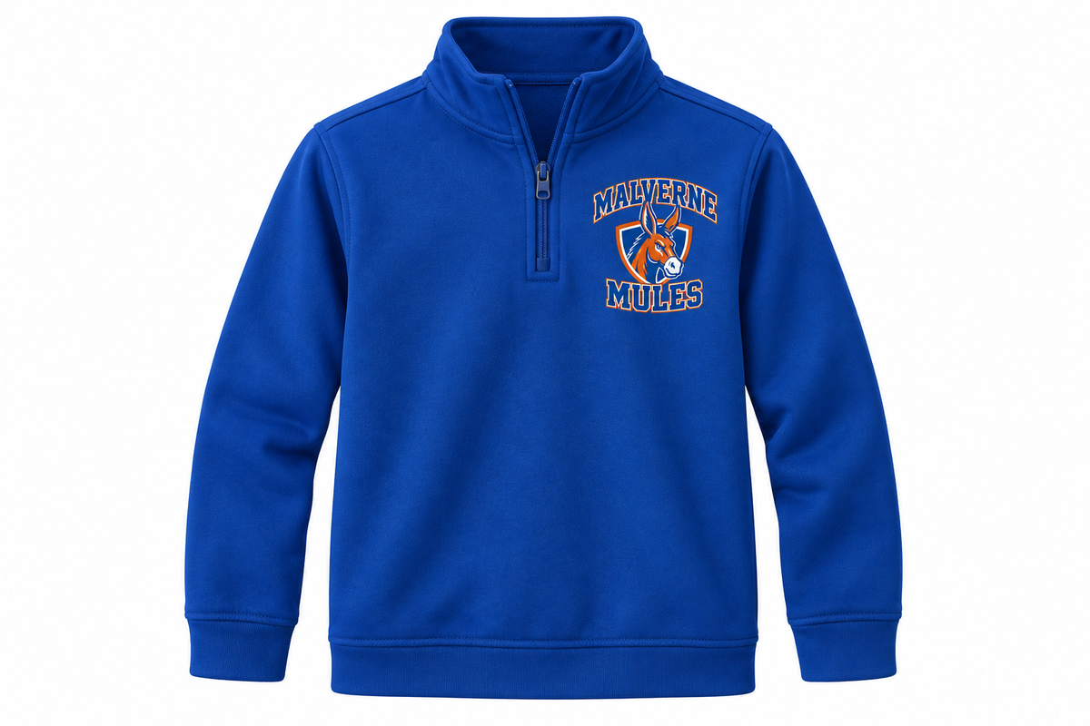 Malverne Mules Youth Quarter Zip Pullover in Royal Blue with collegiate mule crest