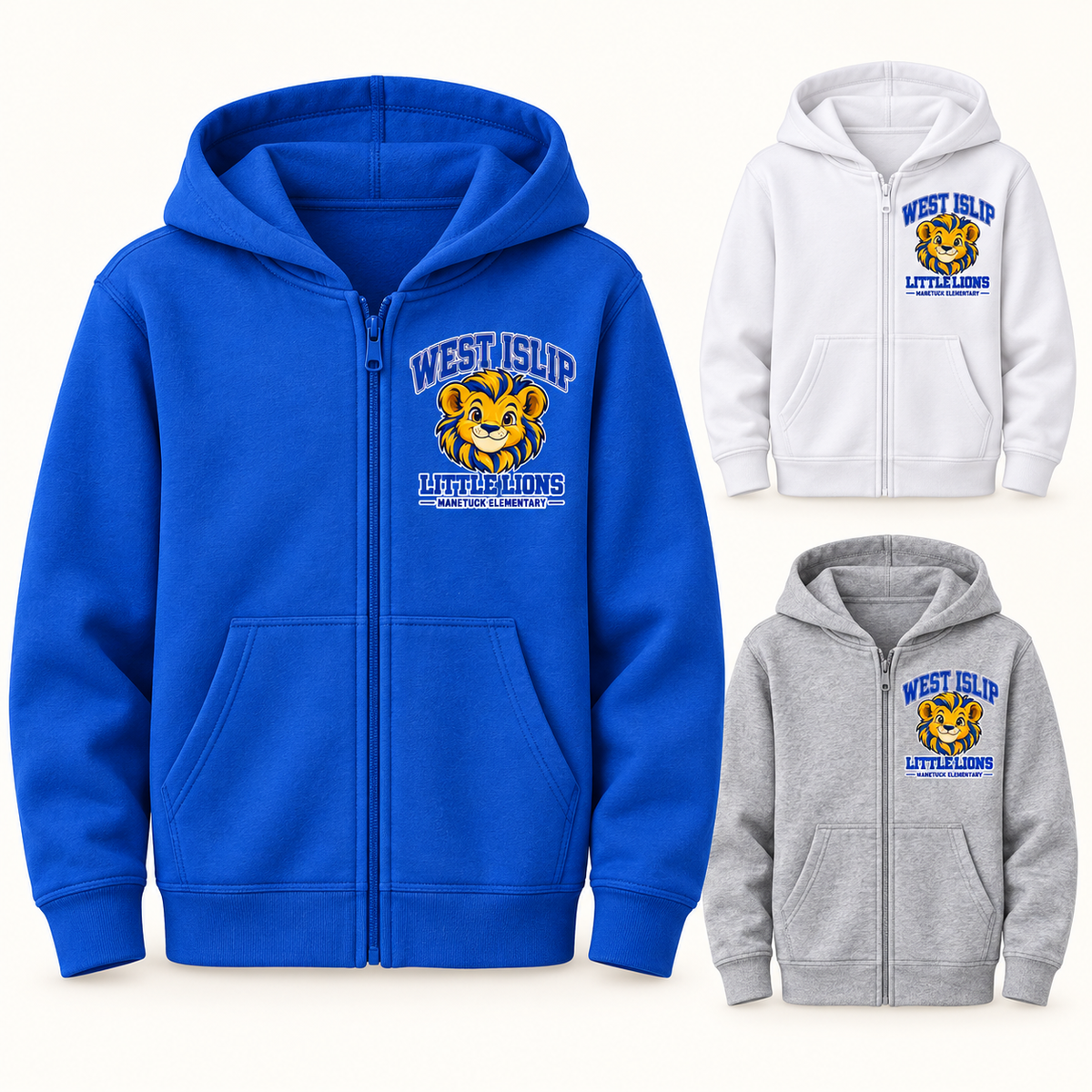 Manetuck Boys Little Lions Youth Zip-Up Hoodie — Royal, White, Athletic Heather