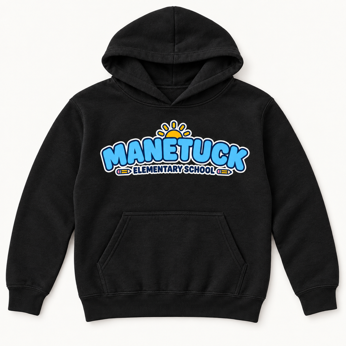 Manetuck Elementary School youth hoodie in Black, front school graphic