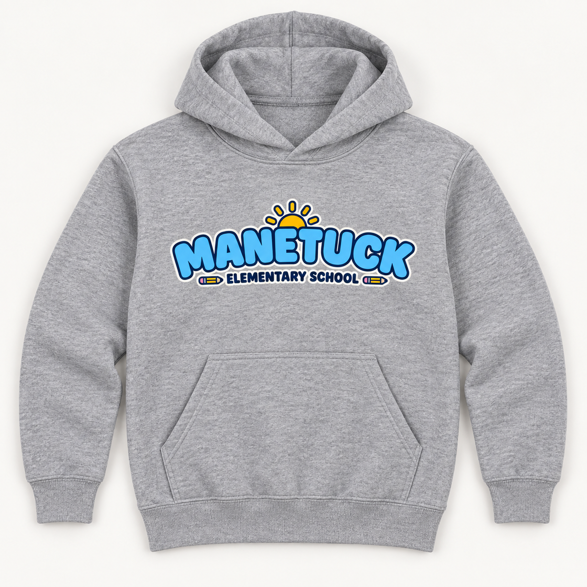 Manetuck Elementary School youth hoodie in Sport Grey heather gray, front school graphic