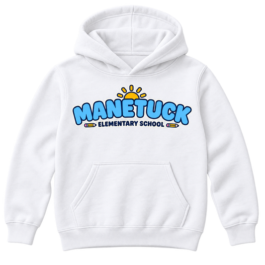 Manetuck Elementary School youth hoodie in White, front school graphic