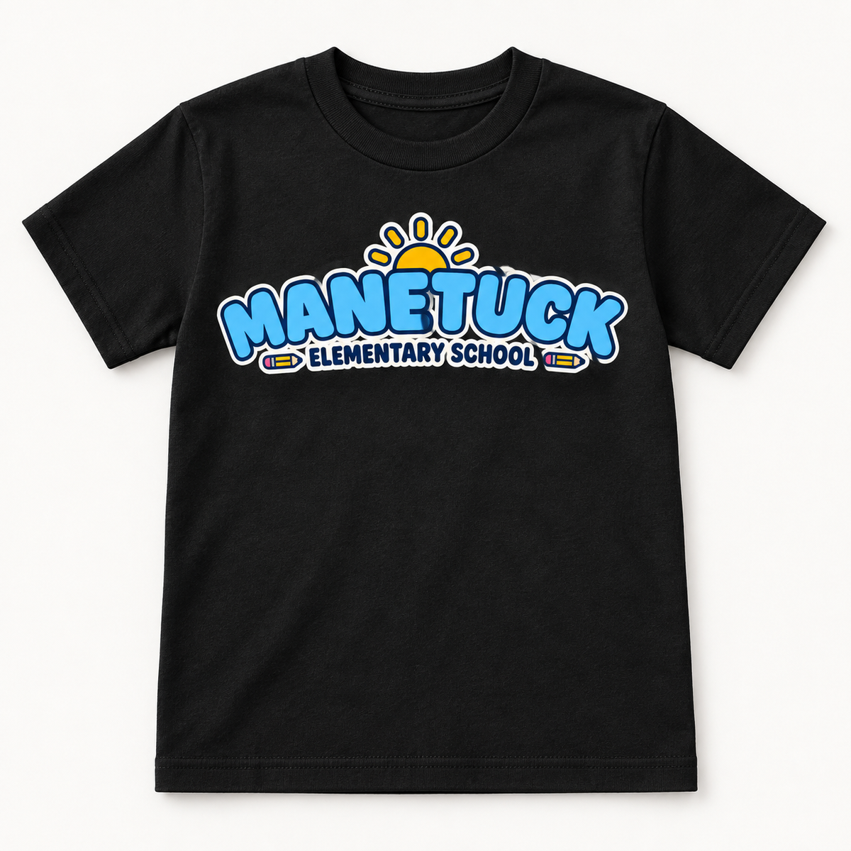 Manetuck Elementary School youth tee in Black, front school graphic