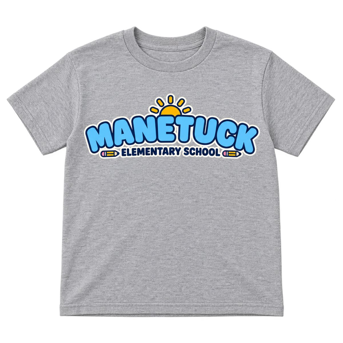 Manetuck Elementary School youth tee in Sport Grey heather gray, front school graphic