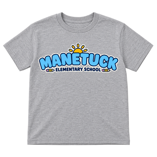 Manetuck Elementary School youth tee in Sport Grey heather gray, front school graphic