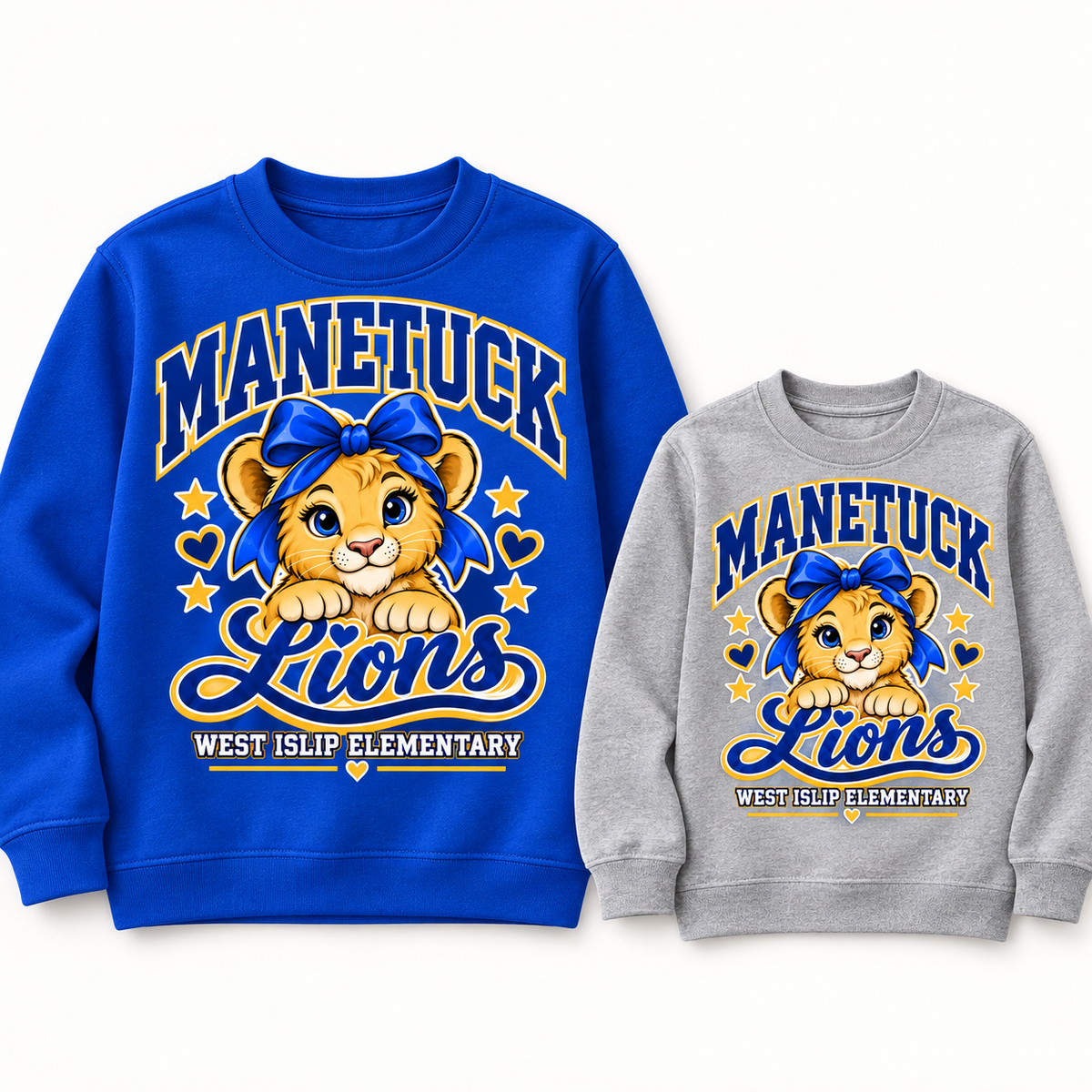 Manetuck Girls Bow & Lion Crewneck — Royal Blue, Heather Gray