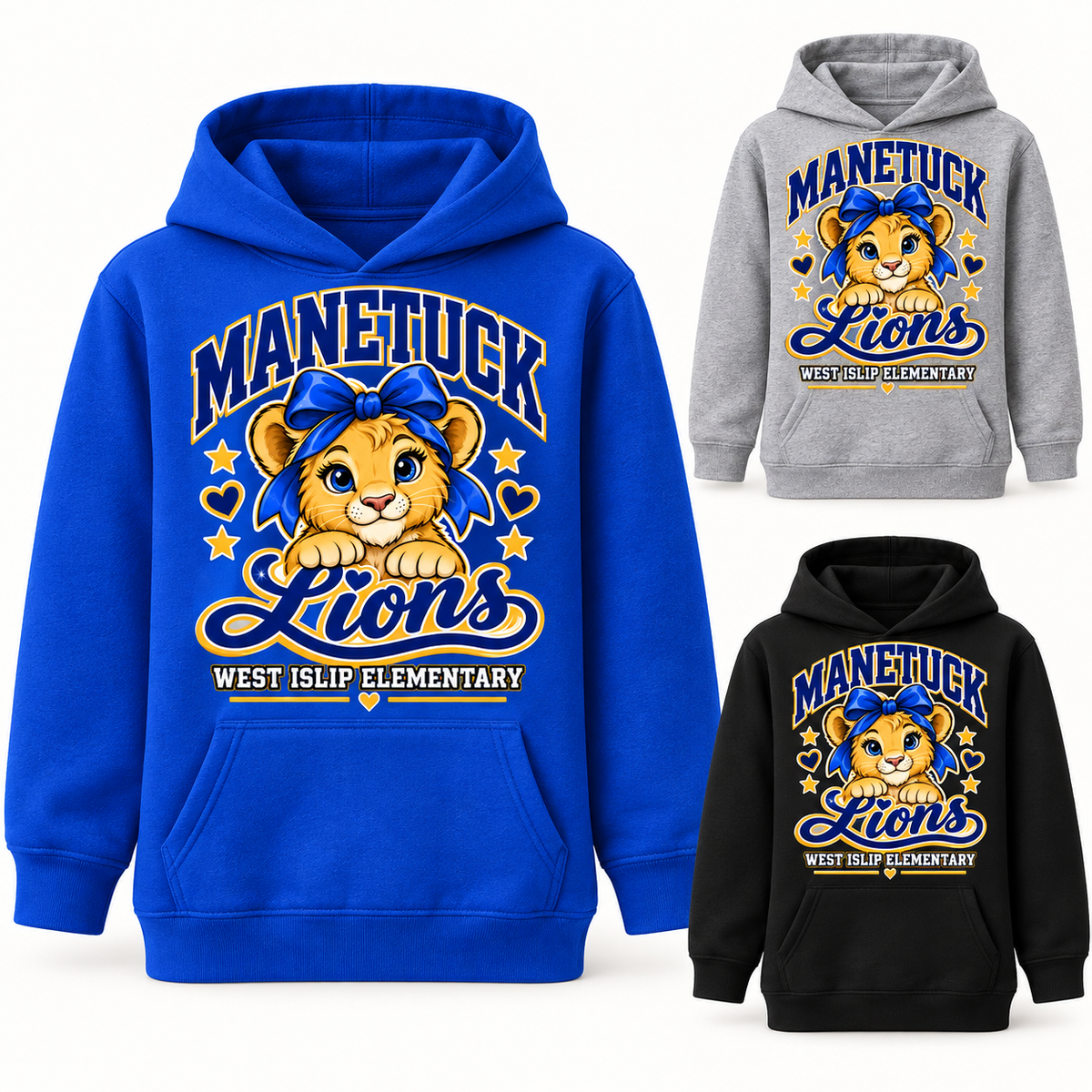 Manetuck Girls Little Lions Hoodie — Royal Blue, Heather Gray, Black