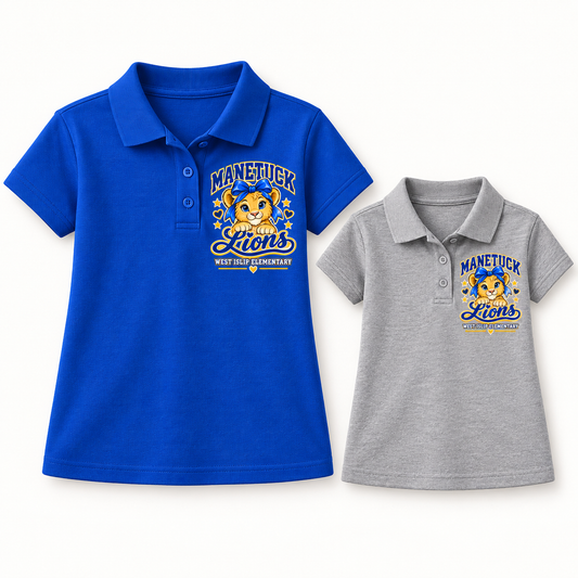 Manetuck Girls Little Lions Piqué Polo — Royal Blue, Heather Gray