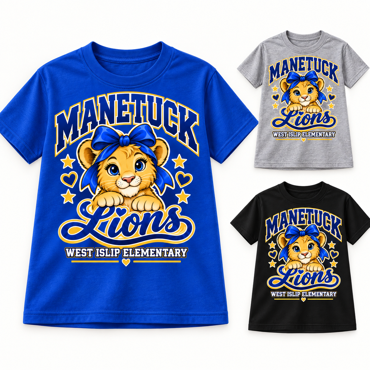 Manetuck Girls Little Lions Varsity Tee — Royal Blue, Heather Gray, Black