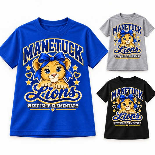 Manetuck Girls Little Lions Varsity Tee — Royal Blue, Heather Gray, Black