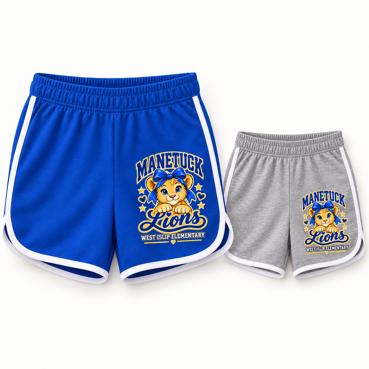 Manetuck Girls Varsity Athletic Shorts — Royal Blue, Heather Gray