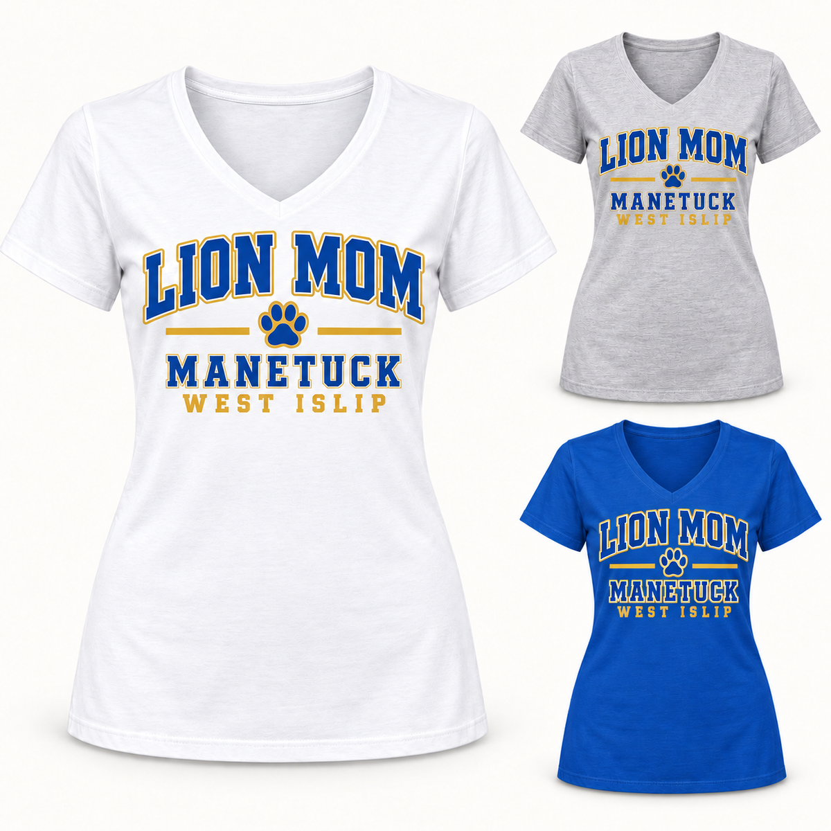 Manetuck Lion Mom Women's V-Neck Tee — White, Heather Gray, Royal