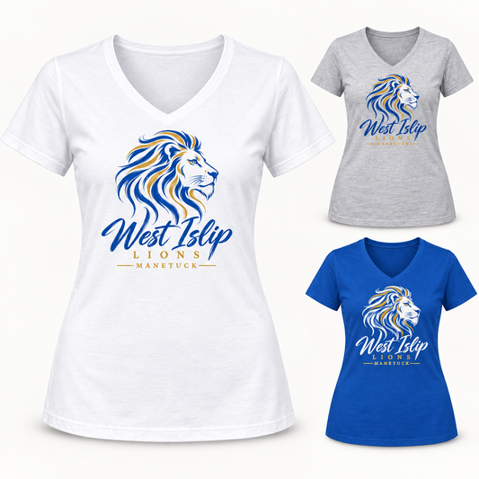 Manetuck Lions Brushline Women's V-Neck Tee — White, Heather Gray, Royal
