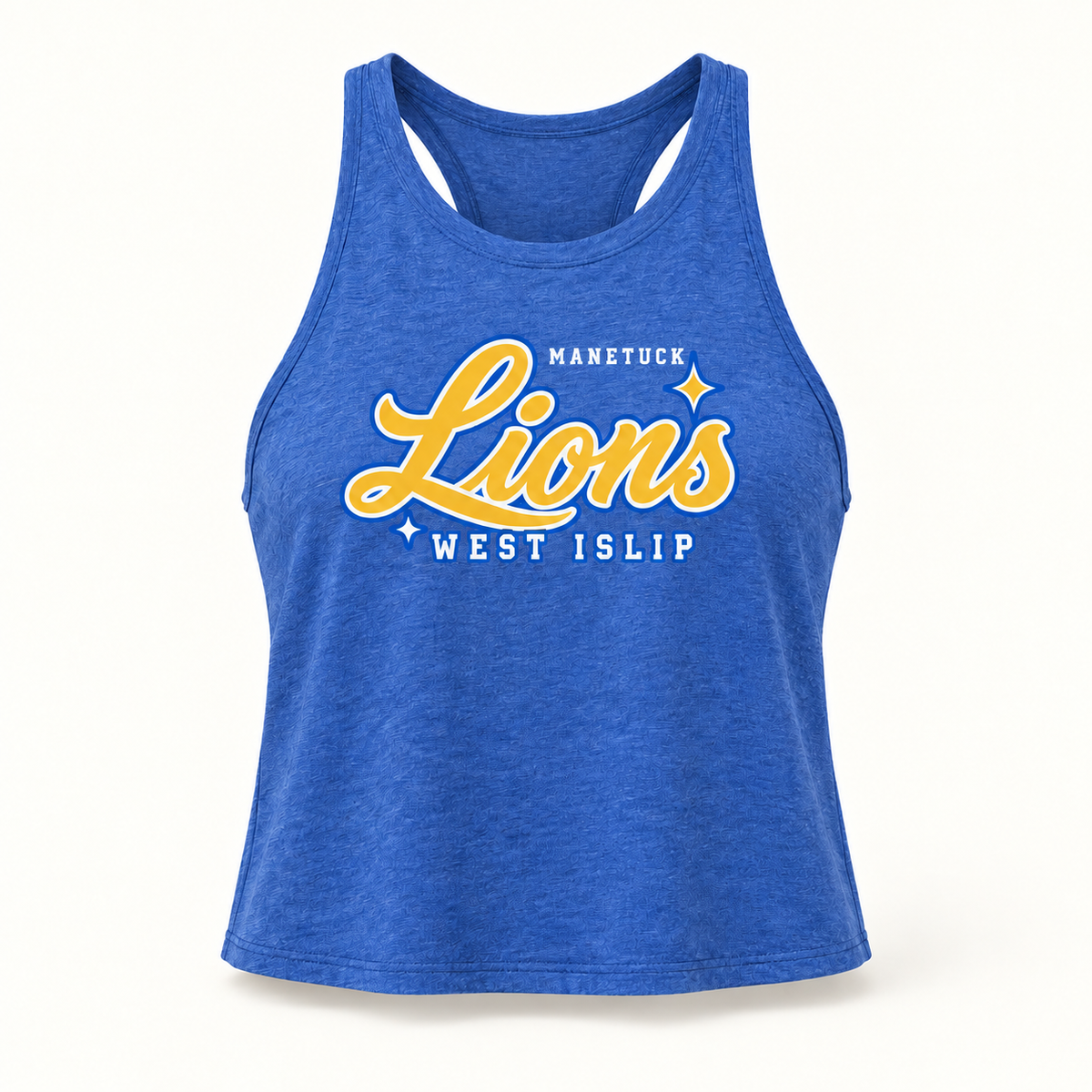 Manetuck Lions Script Women's Cropped Racerback Tank — Heather Royal — Heather True Royal