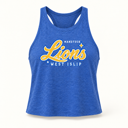 Manetuck Lions Script Women's Cropped Racerback Tank — Heather Royal — Heather True Royal