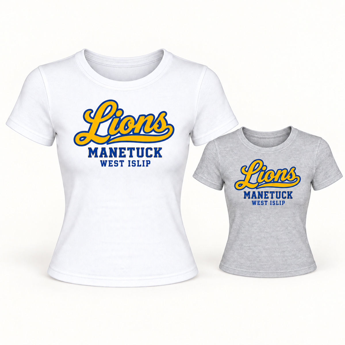 Manetuck Lions Script Women's Micro-Rib Baby Tee — White, Athletic Heather