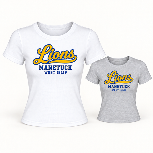 Manetuck Lions Script Women's Micro-Rib Baby Tee — White, Athletic Heather